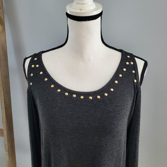 Belldini Gray Gold Shoulder Long Sleeve Studded Top XL - Picture 3 of 7